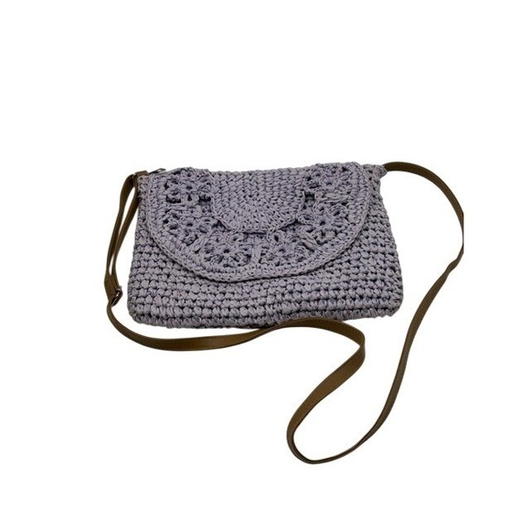 Lavender Crochet Crossbody Bag Woven Straw Floral Flap Shoulder Strap - Picture 3 of 7